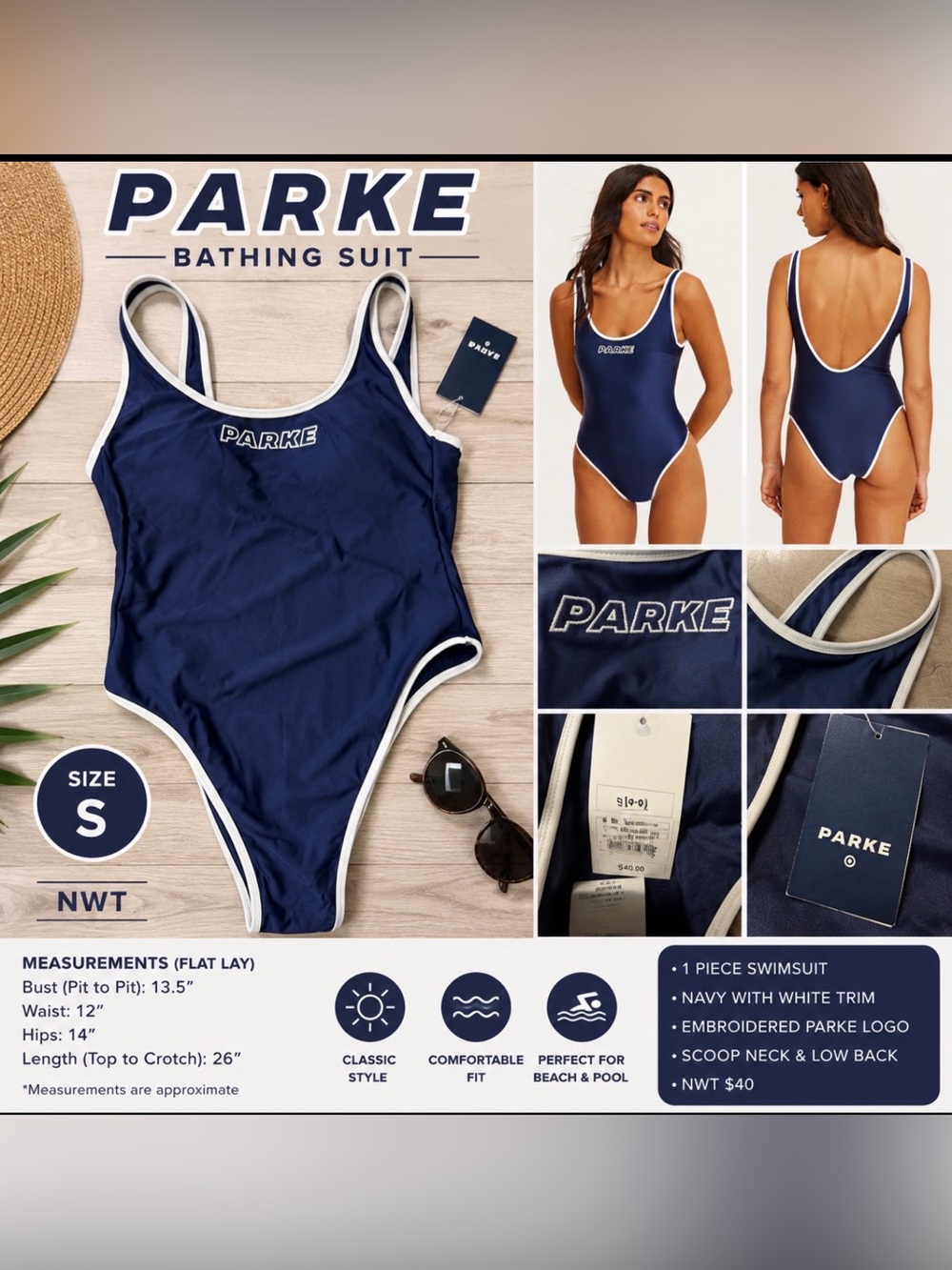 PARKE Navy One-Piece Swimsuit with White Trim NWT size small